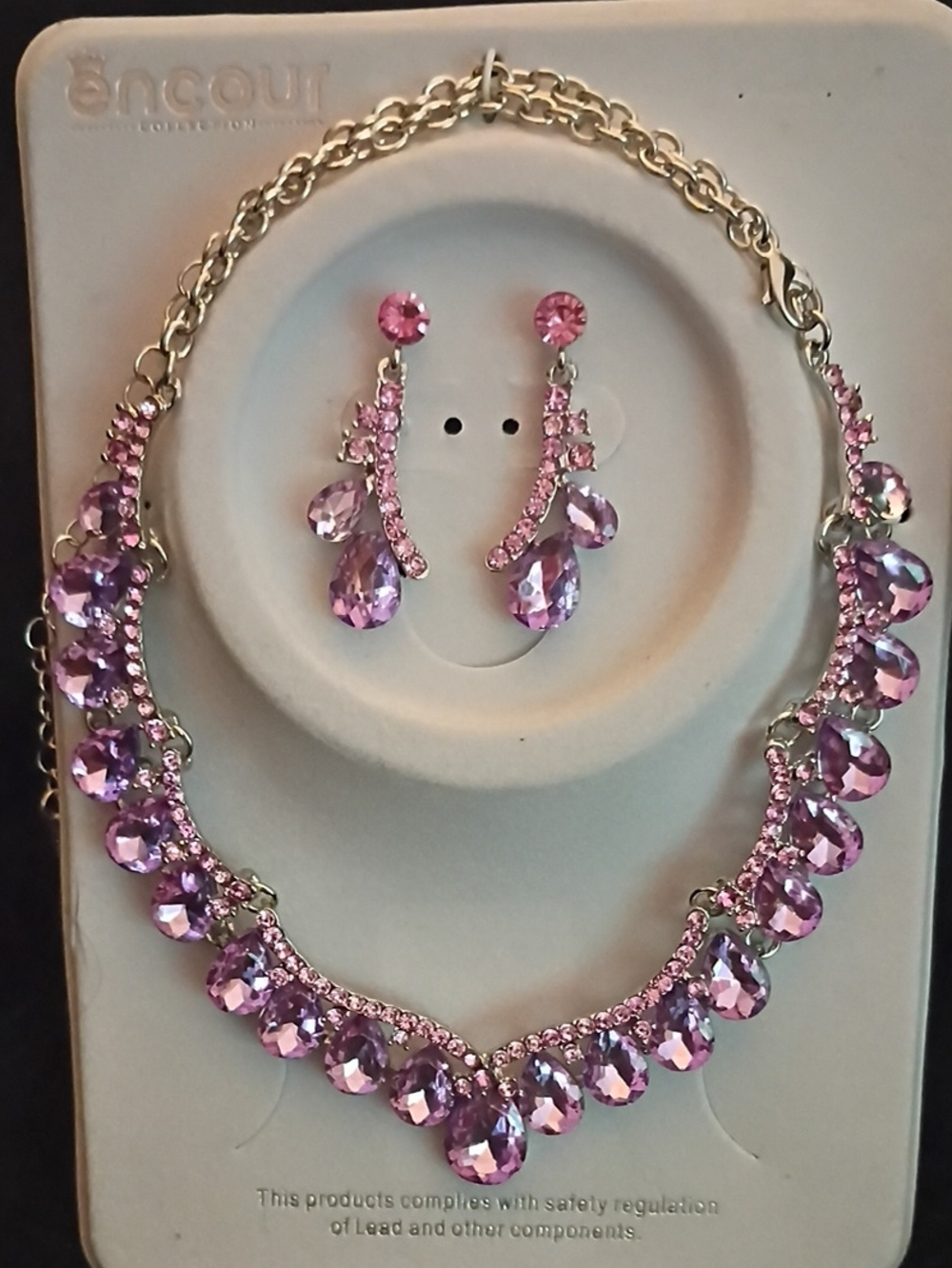 Elegant Pink Crystal Teardrop Necklace and Drop Earrings Set